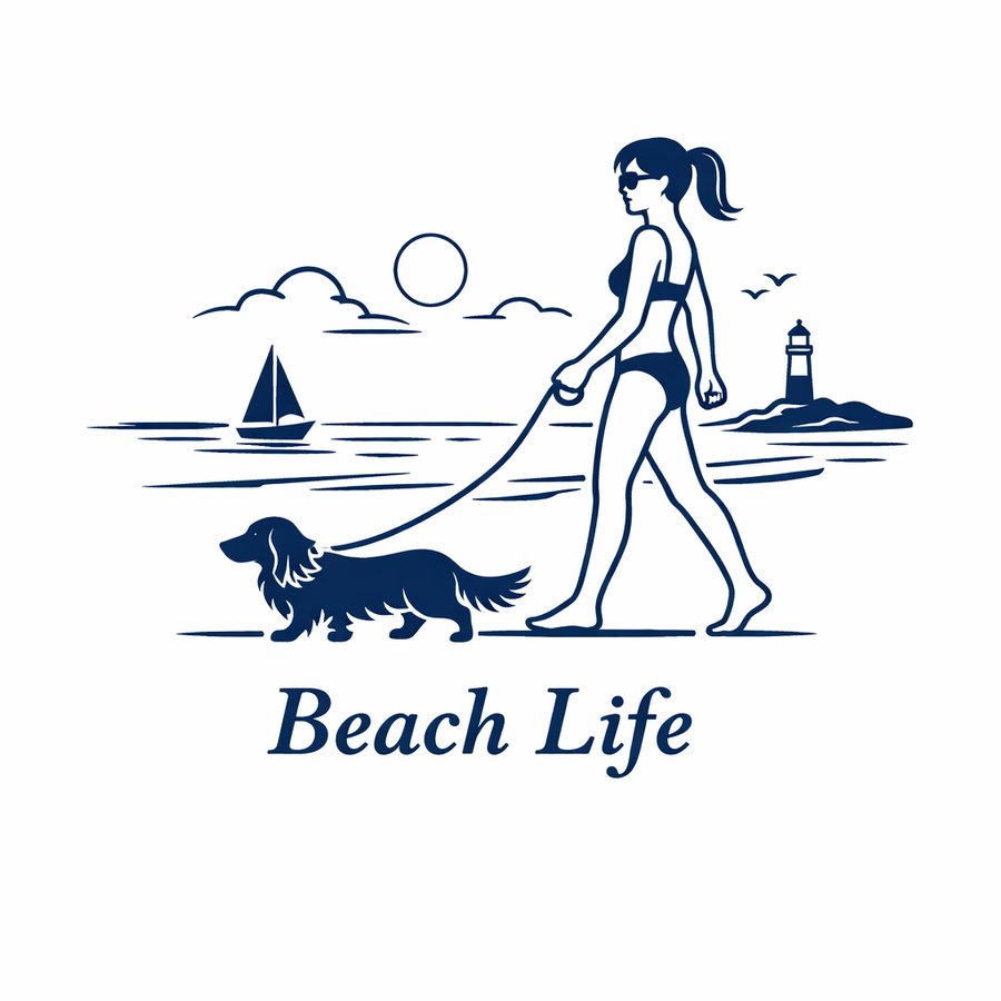 Line drawing of a woman walking a long-haired dachshund along the shoreline, drawn from Wally, with a sailboat and lighthouse behind