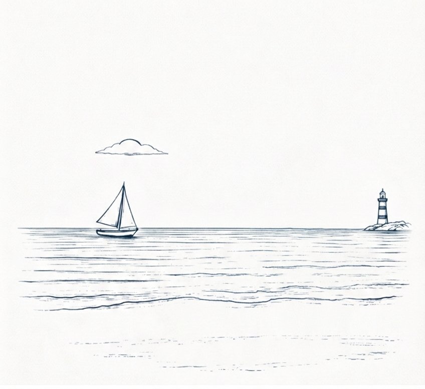 Sparse line drawing of a horizon with a sailboat and a distant lighthouse