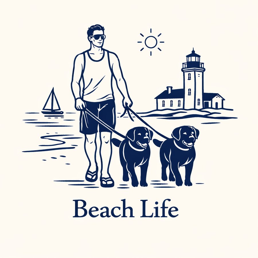 Line drawing of a man walking two labradors on the sand, drawn from Harlow and Hazel, lighthouse and sailboat behind