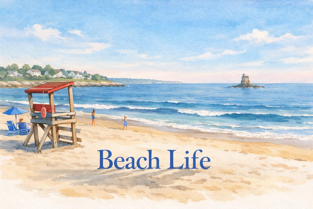 A watercolour of a Rhode Island beach with a lifeguard stand, houses on the point, and a lighthouse offshore