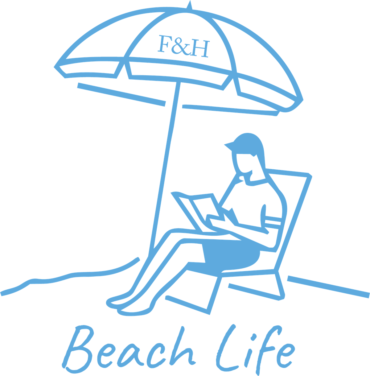 The final Beach Life drawing: a figure reading in a beach chair under an umbrella marked F and H, with Beach Life written beneath