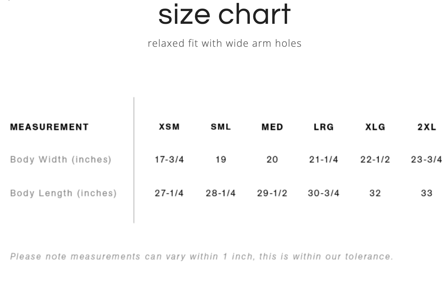 The Beach Tank Top size chart
