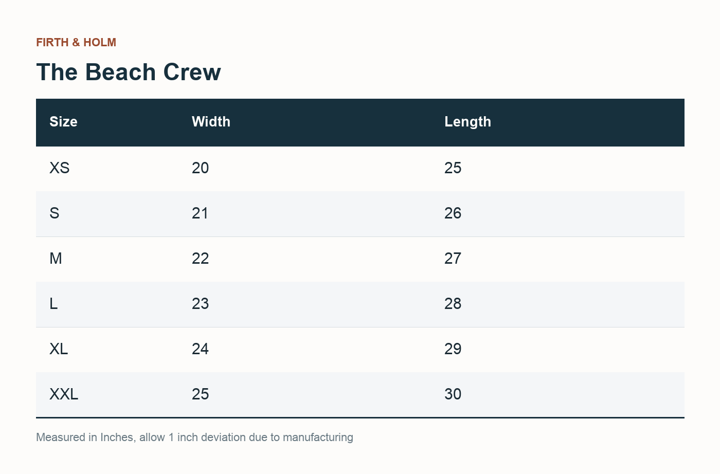 The Beach Crew size chart
