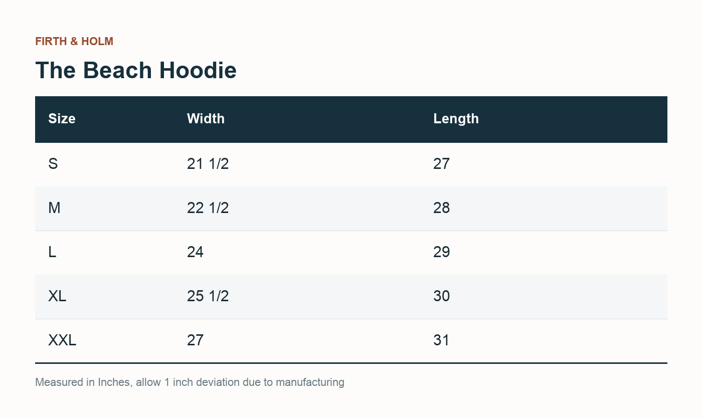 The Beach Hoodie size chart