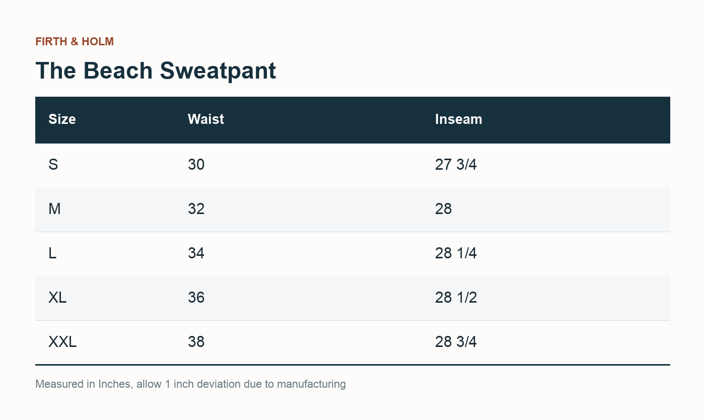 The Beach Sweatpant size chart