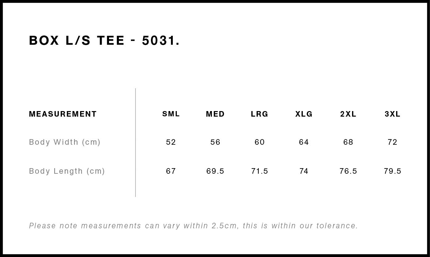 The Box Long Sleeve size chart