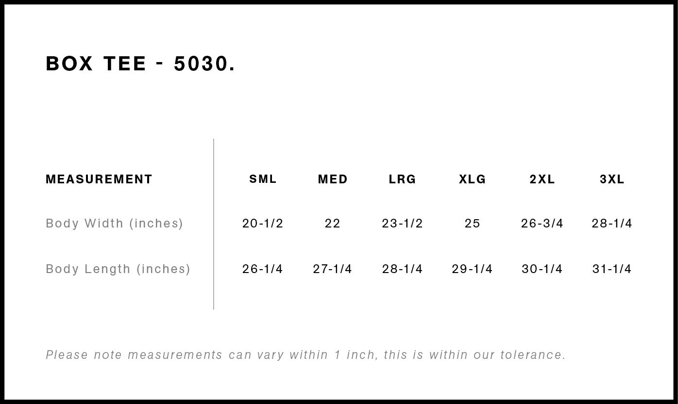 The Box Tee size chart