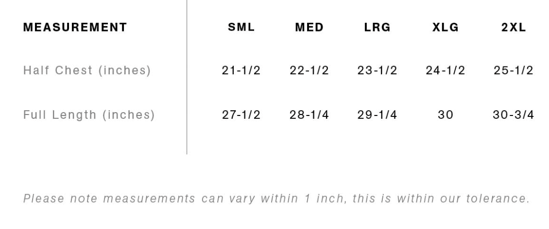 The Canvas Vest size chart