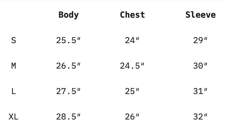 The Heavyweight Hoodie size chart