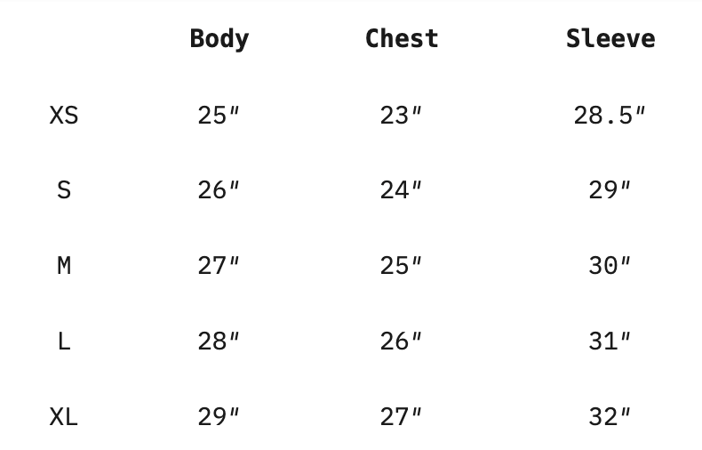The Heavyweight Quarter Zip size chart