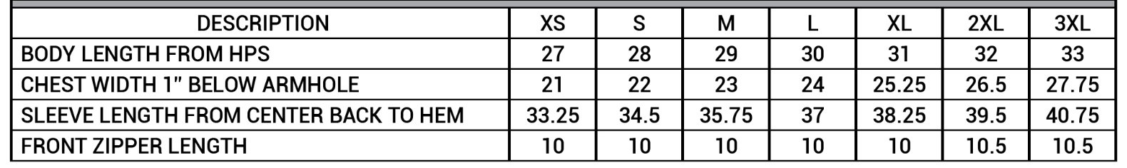 The Links Quarter Zip size chart
