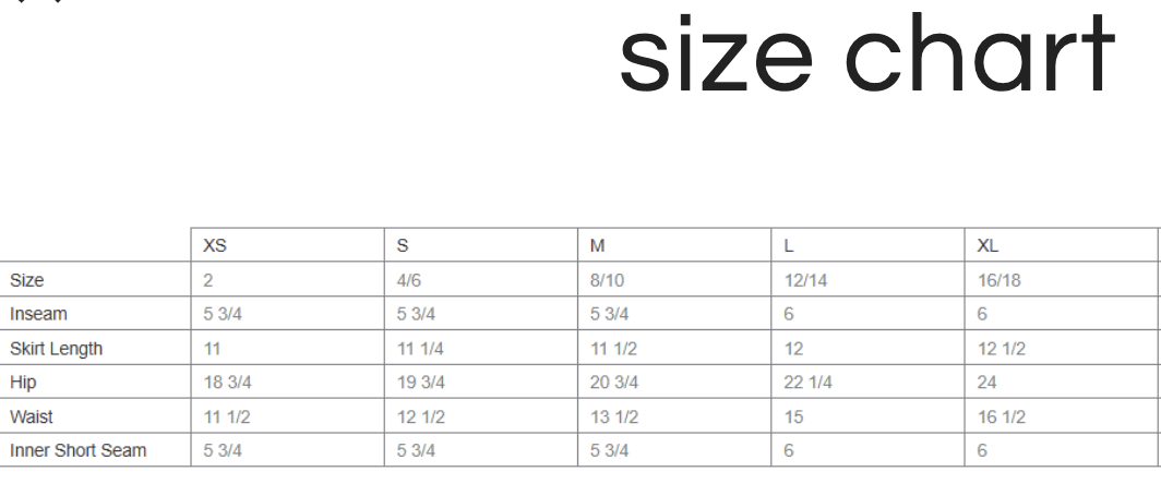 The Links Skirt size chart