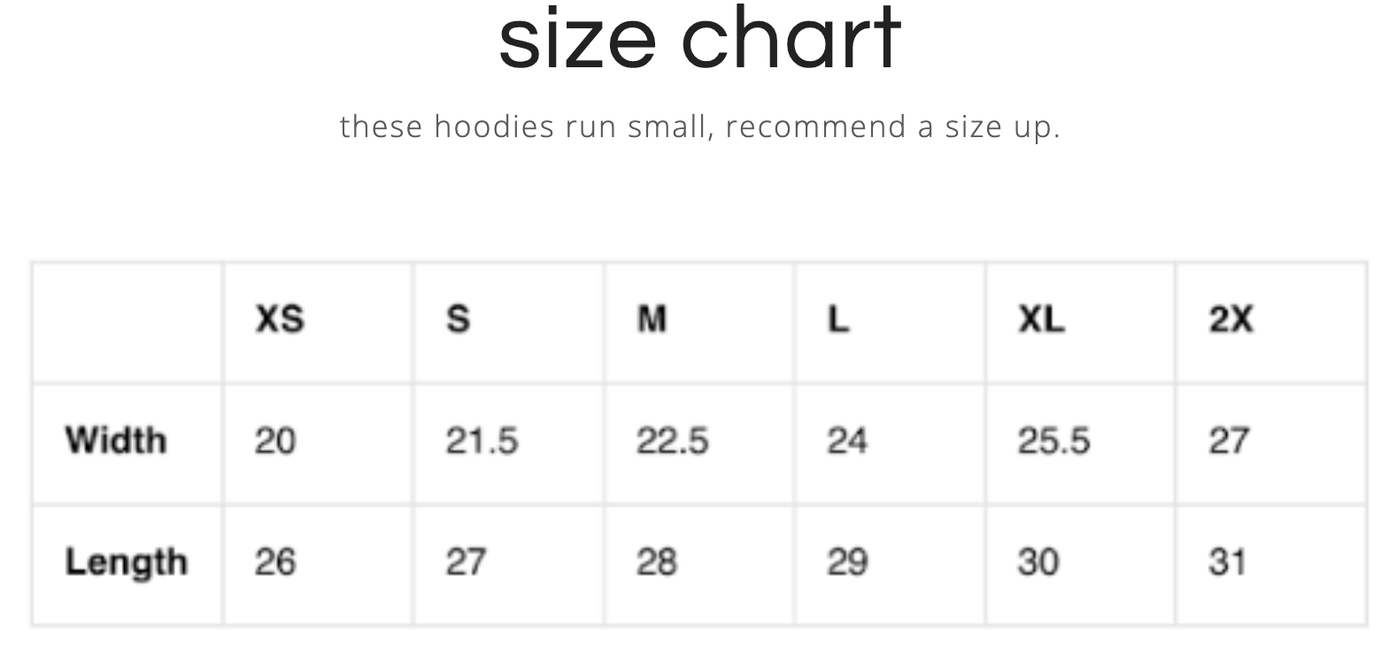 The Beach Hoodie size chart