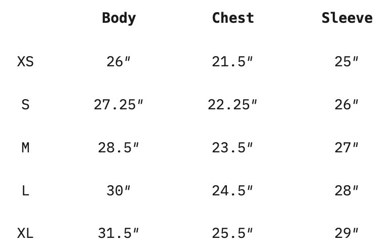 The Lightweight Crew size chart
