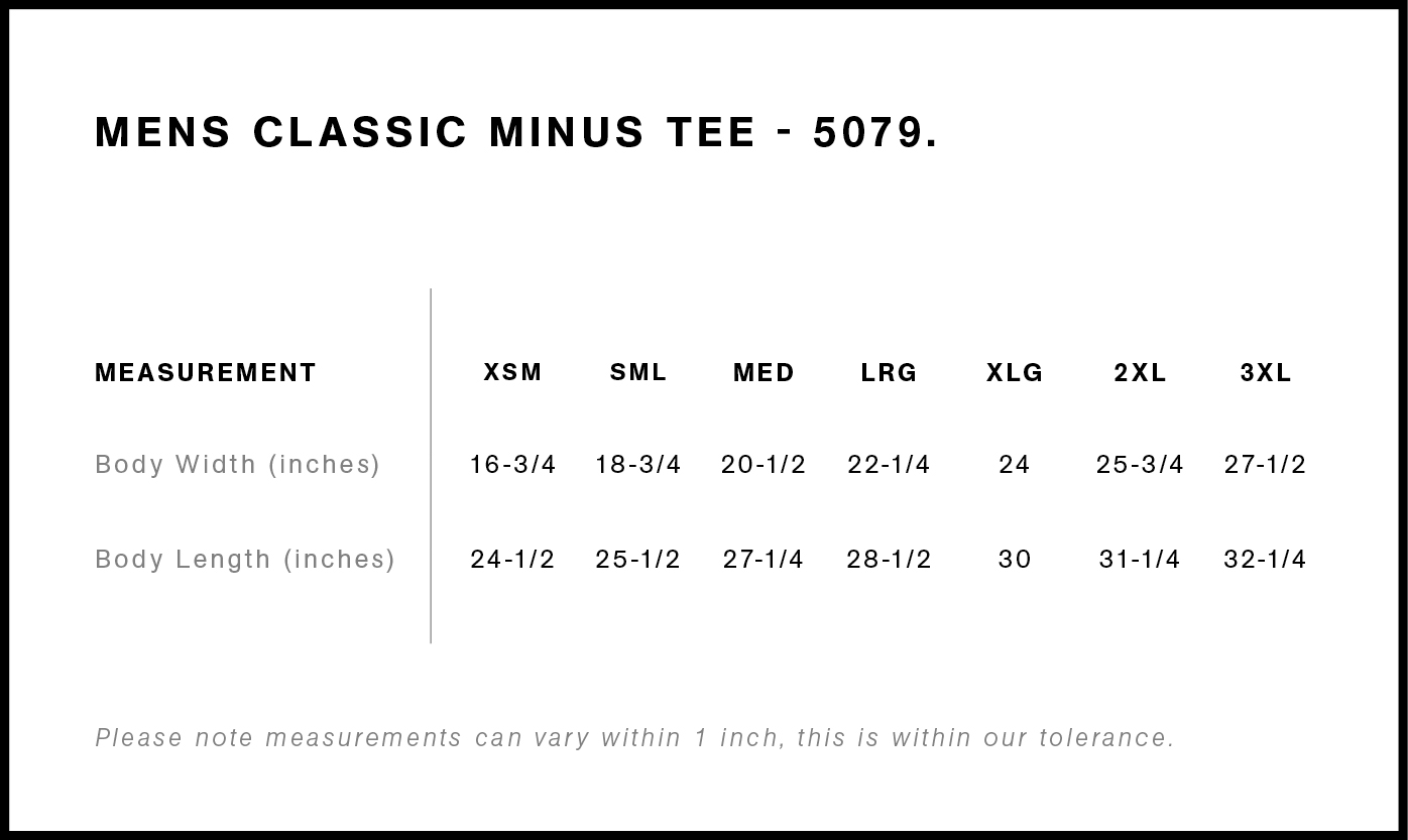 The Minus Tee size chart