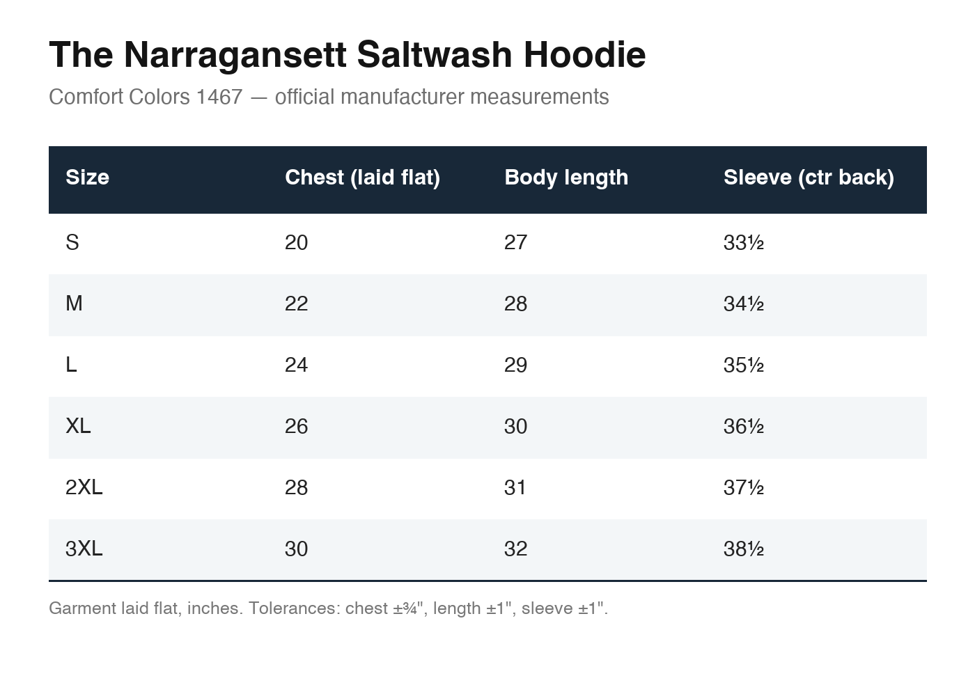 The Narragansett Saltwash Hoodie size chart