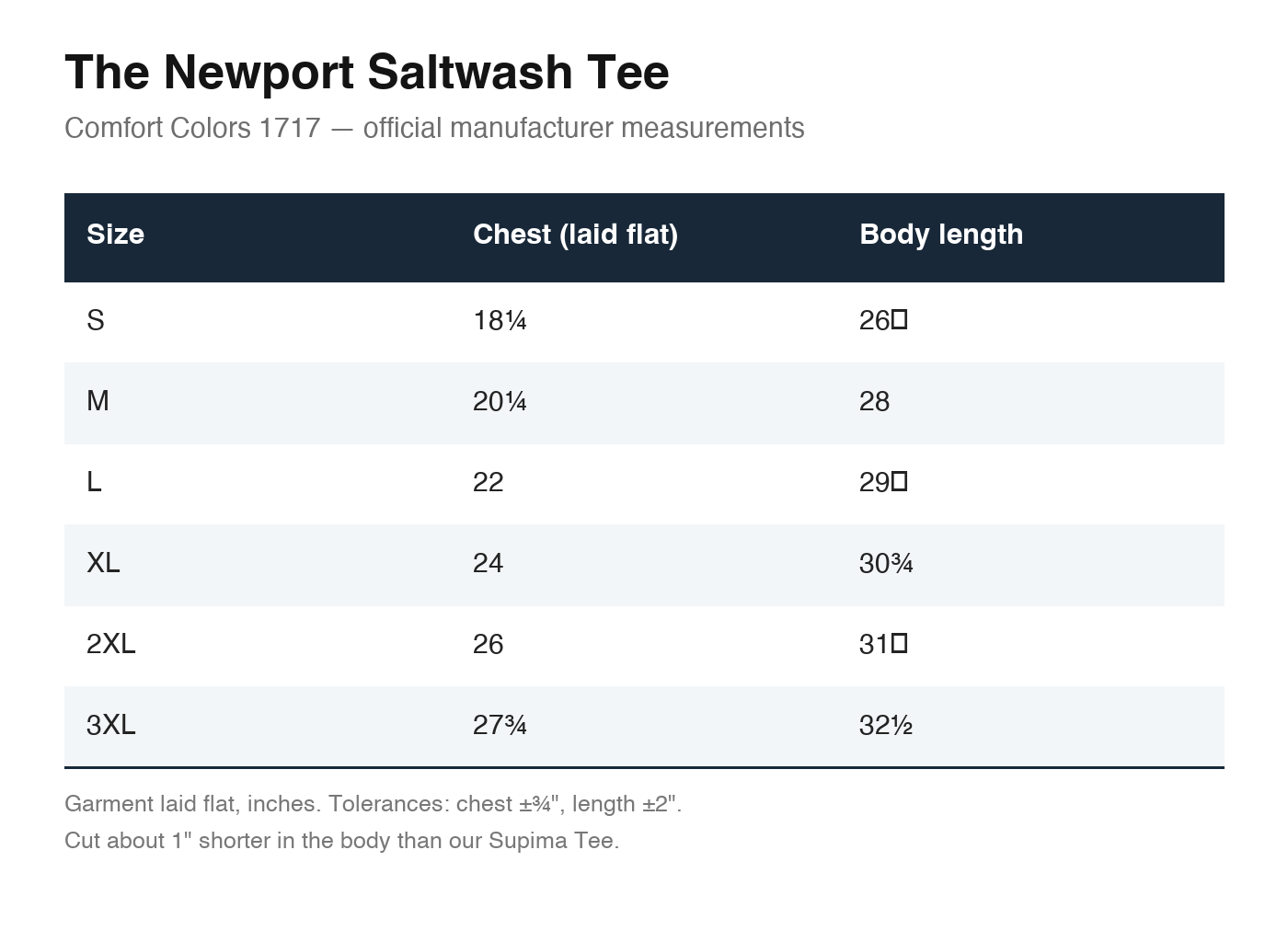 The Newport Saltwash Tee size chart