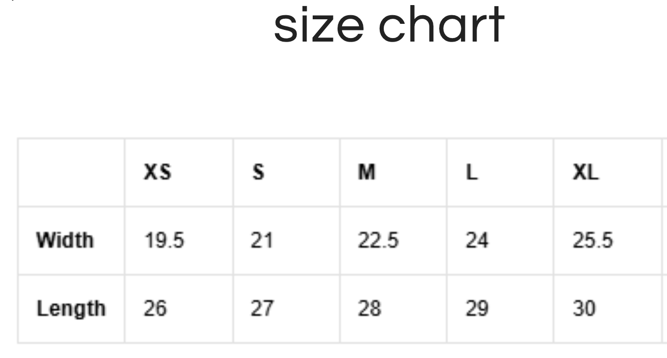 Opening Weekend at Dowses T-Shirt size chart