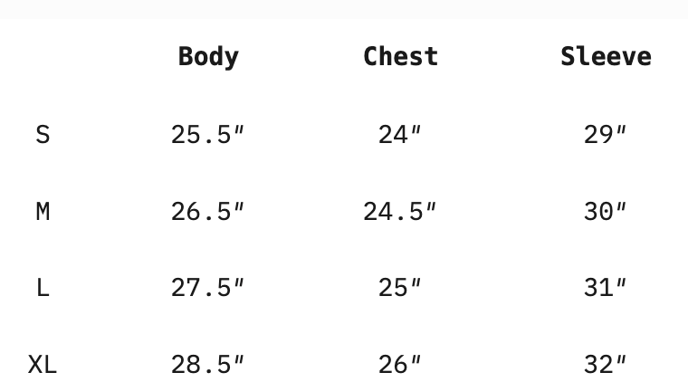 The Heavyweight Crew size chart