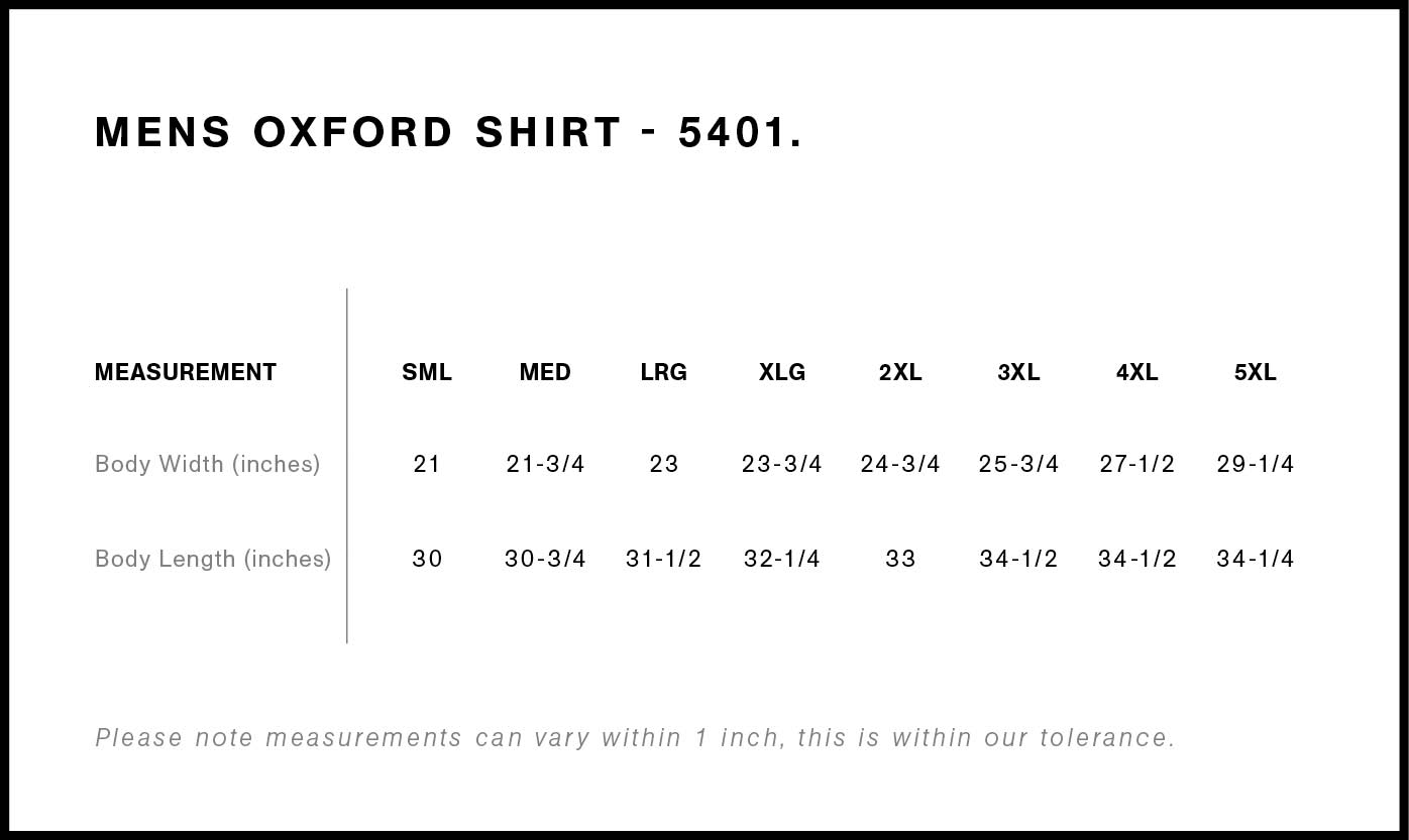 The Oxford Shirt size chart