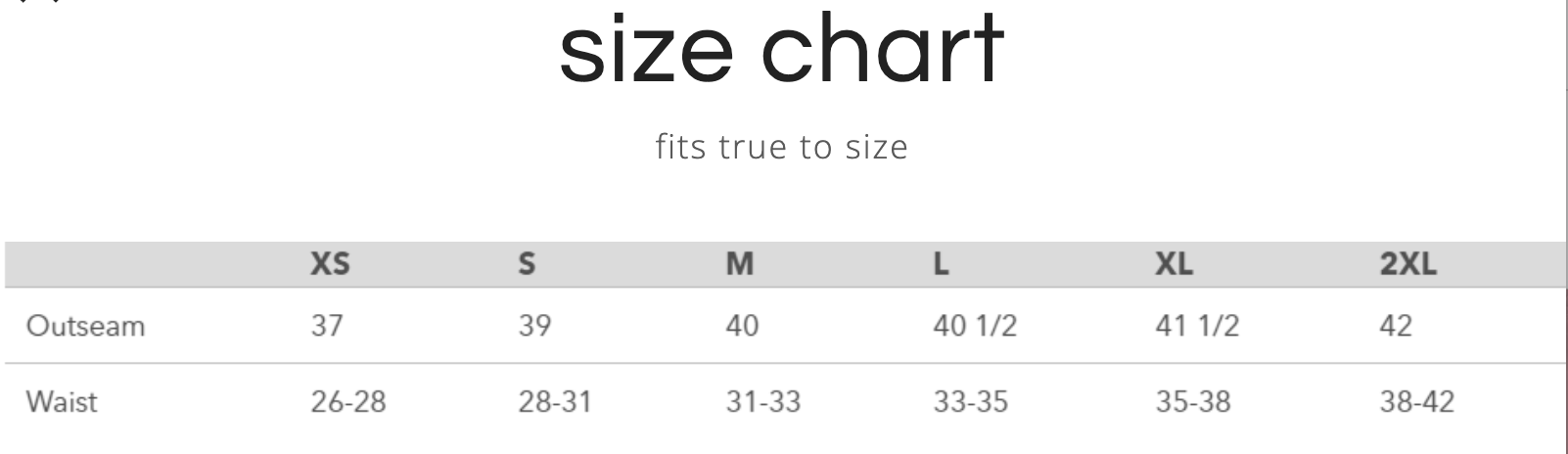 The Beach Sweatpant size chart