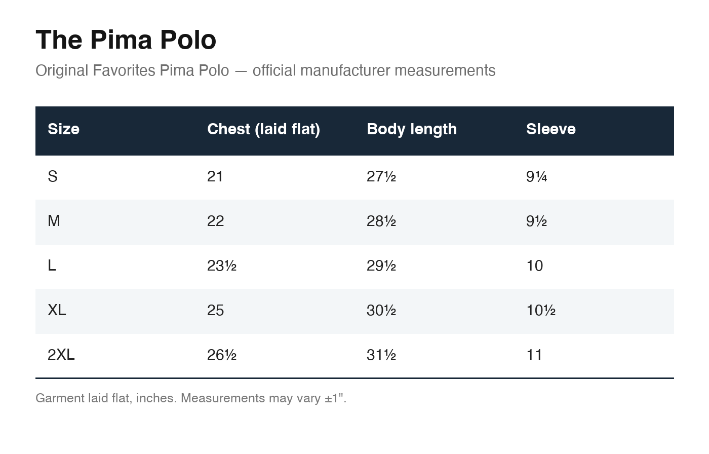 The Pima Polo size chart