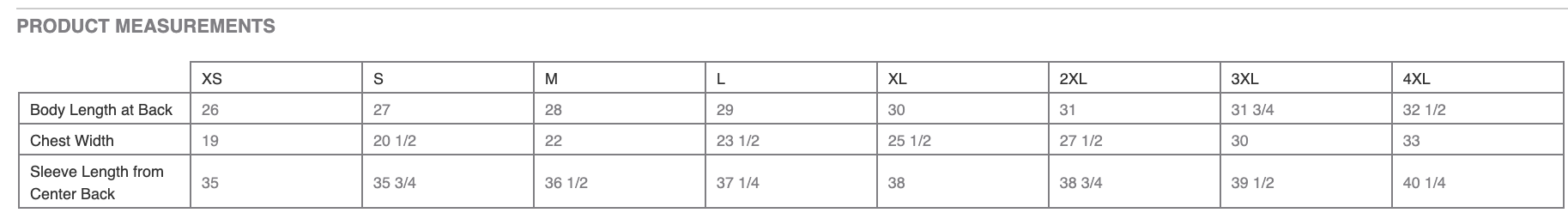 The Quilted Jacket size chart