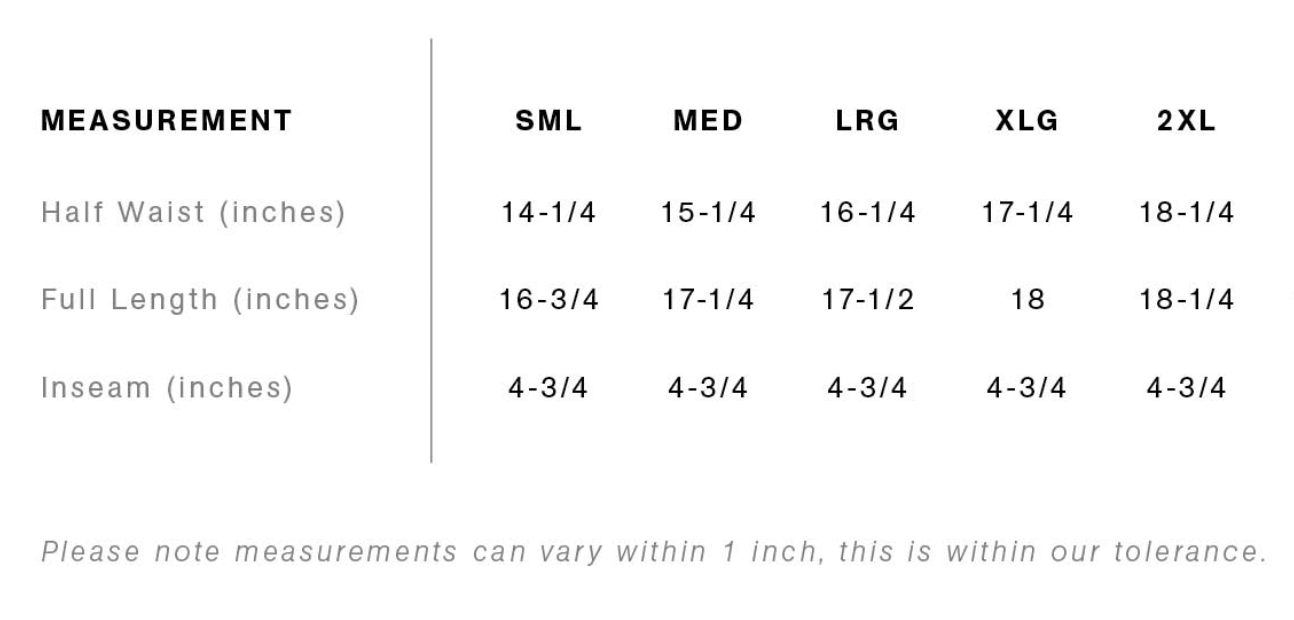 The Lounge Shorts size chart