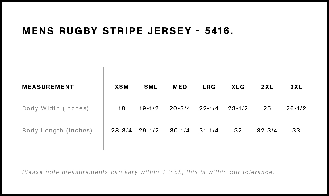 The Rugby Stripe size chart