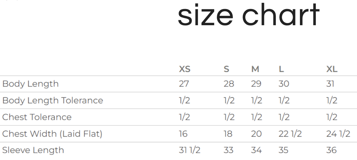 The Sun Hoodie size chart