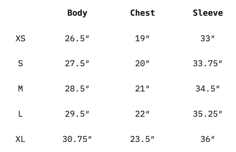 The Long Sleeve T-Shirt size chart