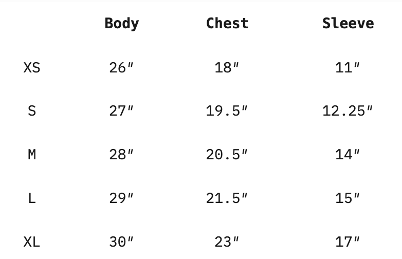 Supima Tee size chart