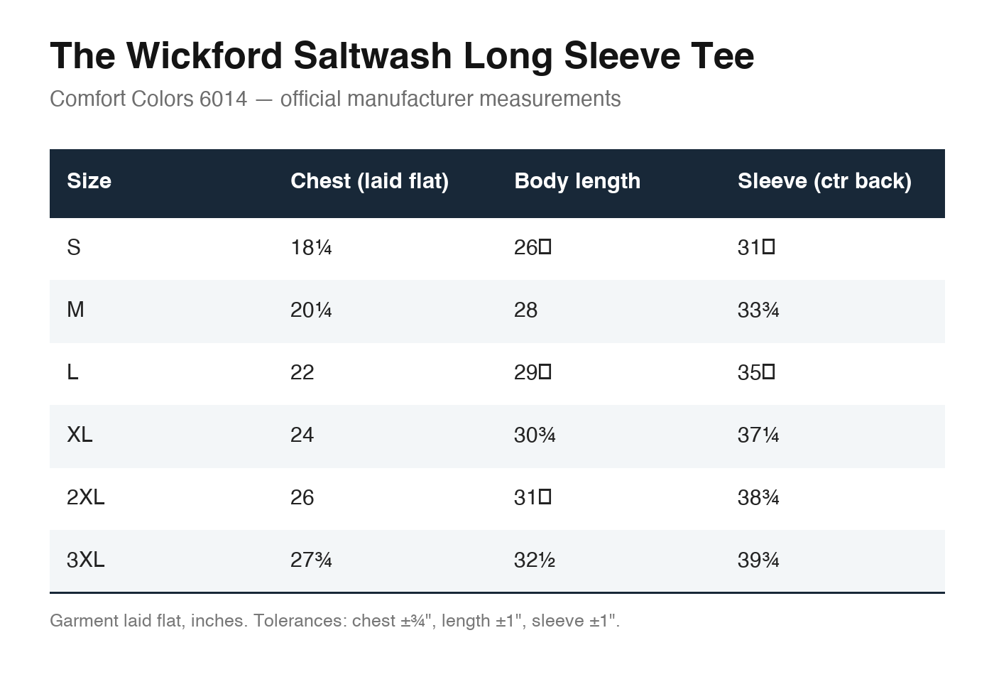 The Wickford Saltwash Long Sleeve Tee size chart