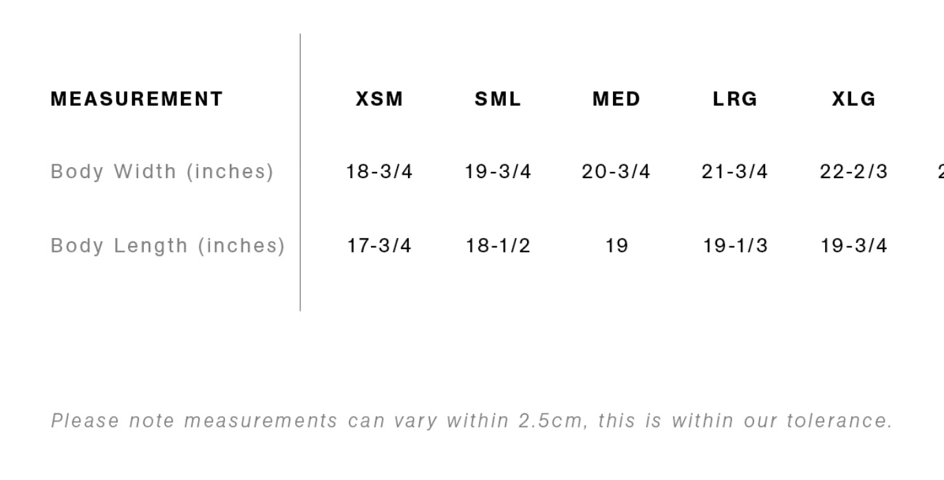 The Crop T-Shirt size chart