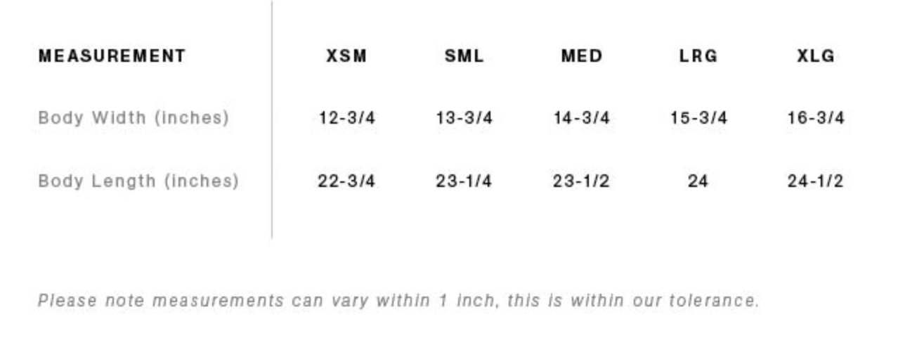 The Rib Tank size chart
