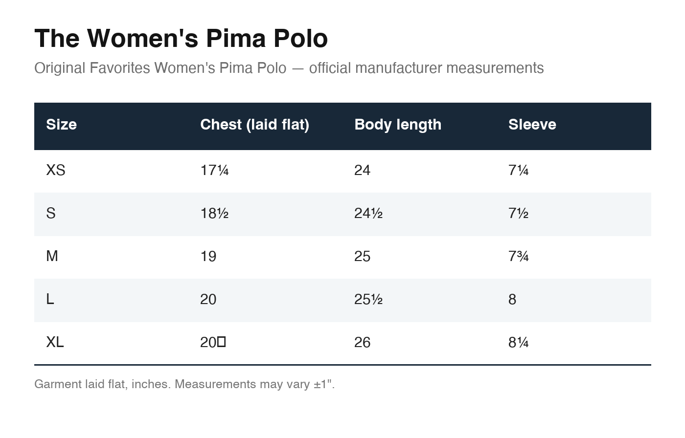 The Women's Pima Polo size chart