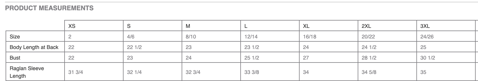 The Women's Quilted Jacket size chart