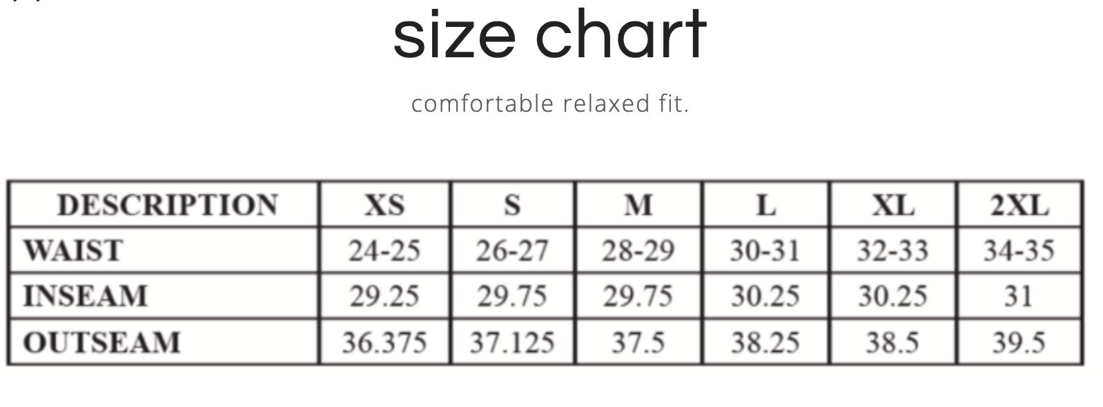 Women's Cut Beach Sweatpants size chart